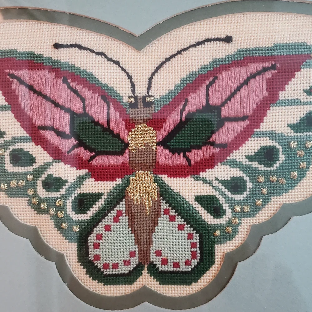 Butterfly Picture Handmade Vintage Embroidery Tapestry with Gold detail Framed